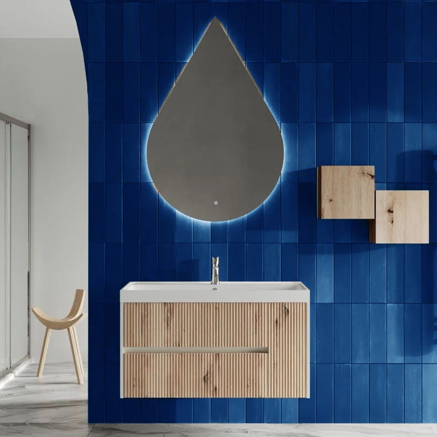 Mobile bagno sospeso cannettato con lavabo e specchio a goccia cm 100 colore rovere oro - Cubi&Co Collezione Pure by CeramicStore | Lo specialista del tuo bagno