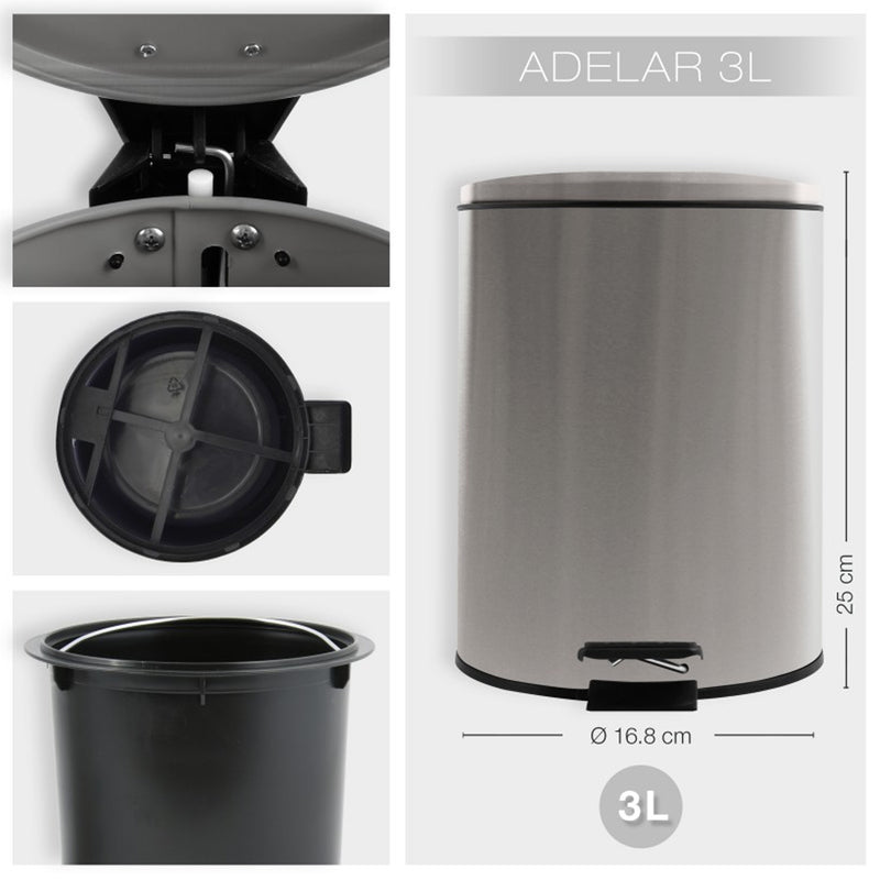 Pattumiera a pedale 3L in Acciaio Inox modello Adelar - Spazzolato by CeramicStore | Lo specialista del tuo bagno
