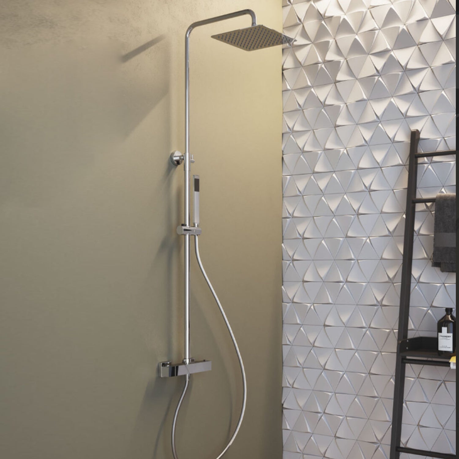 Colonna Doccia Termostatica con soffione quadrato 25x25 in acciaio inox e doccino in ottone by CeramicStore | Lo specialista del tuo bagno