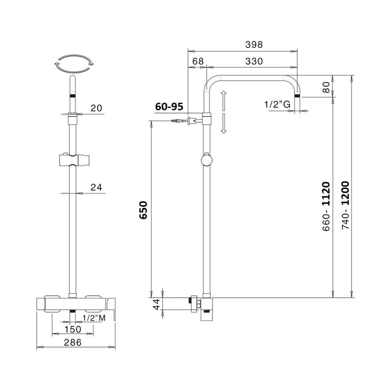 Colonna doccia rame orientabile con soffione tondo, doccino e termostatico TM3C by CeramicStore | Lo specialista del tuo bagno