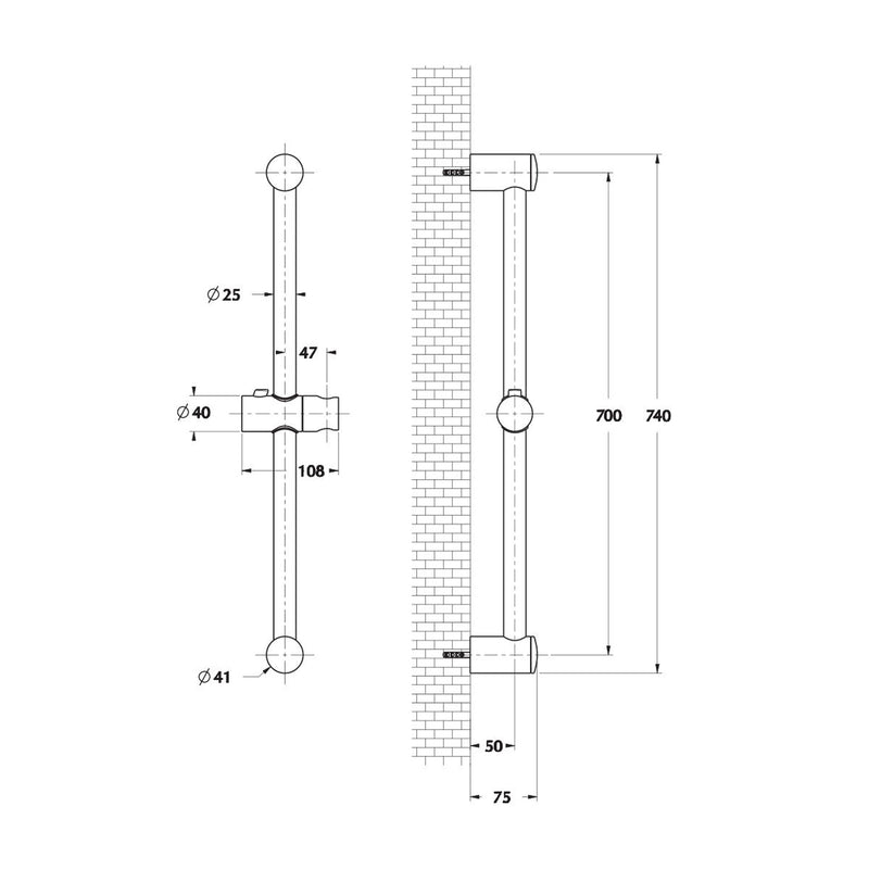 Saliscendi Firenze in acciaio 25mm con scorrevole in abs, doccia Diamante e portasapone by CeramicStore | Lo specialista del tuo bagno