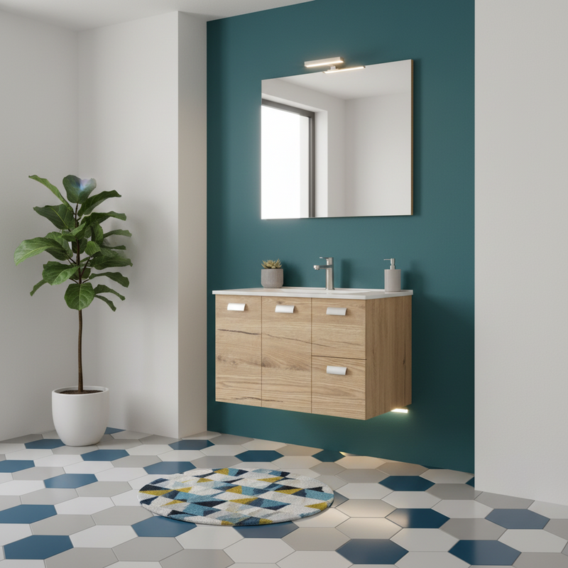Mueble de baño suspendido con base, lavabo y espejo con Led modelo Elisa 85 - Roble Natural
