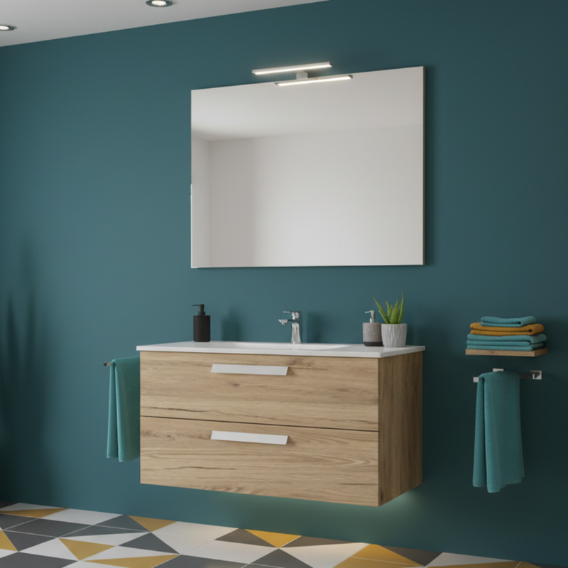 Mueble de baño suspendido con base, lavabo y espejo con Led modelo Clara 85 - Roble Natural