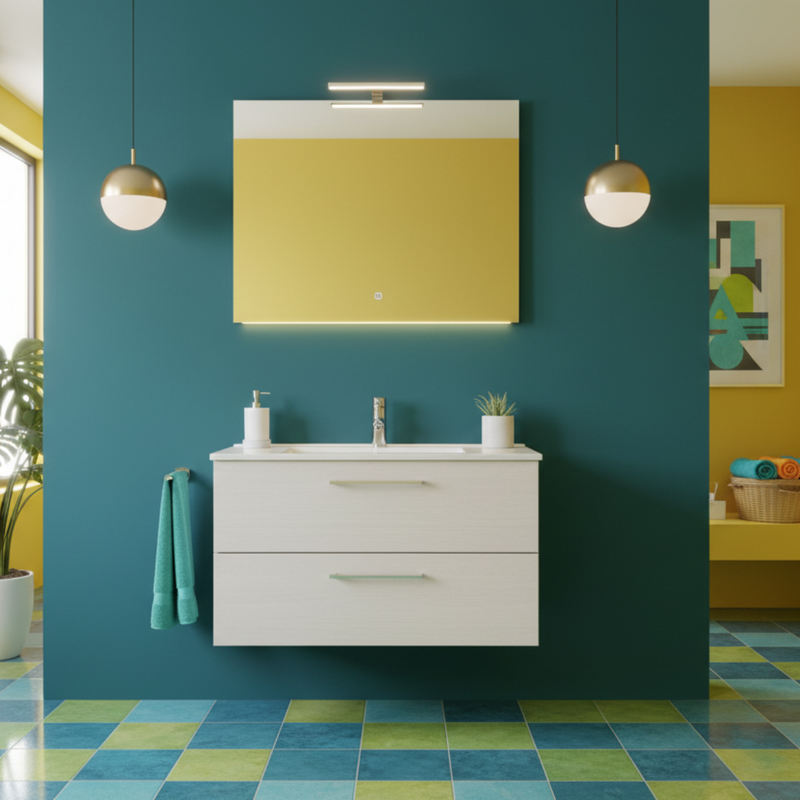 Mueble de baño suspendido con base, lavabo y espejo con Led modelo Clara 85 - Olmo Blanco