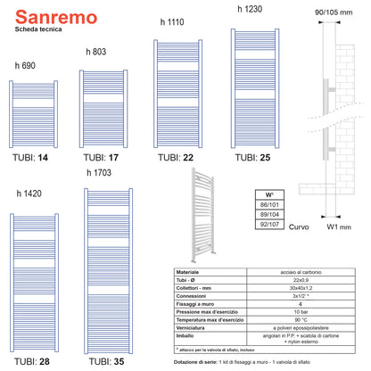Termoarredo Lazzarini Sanremo curvo 1703x500 interasse 450 cromo by CeramicStore | Lo specialista del tuo bagno