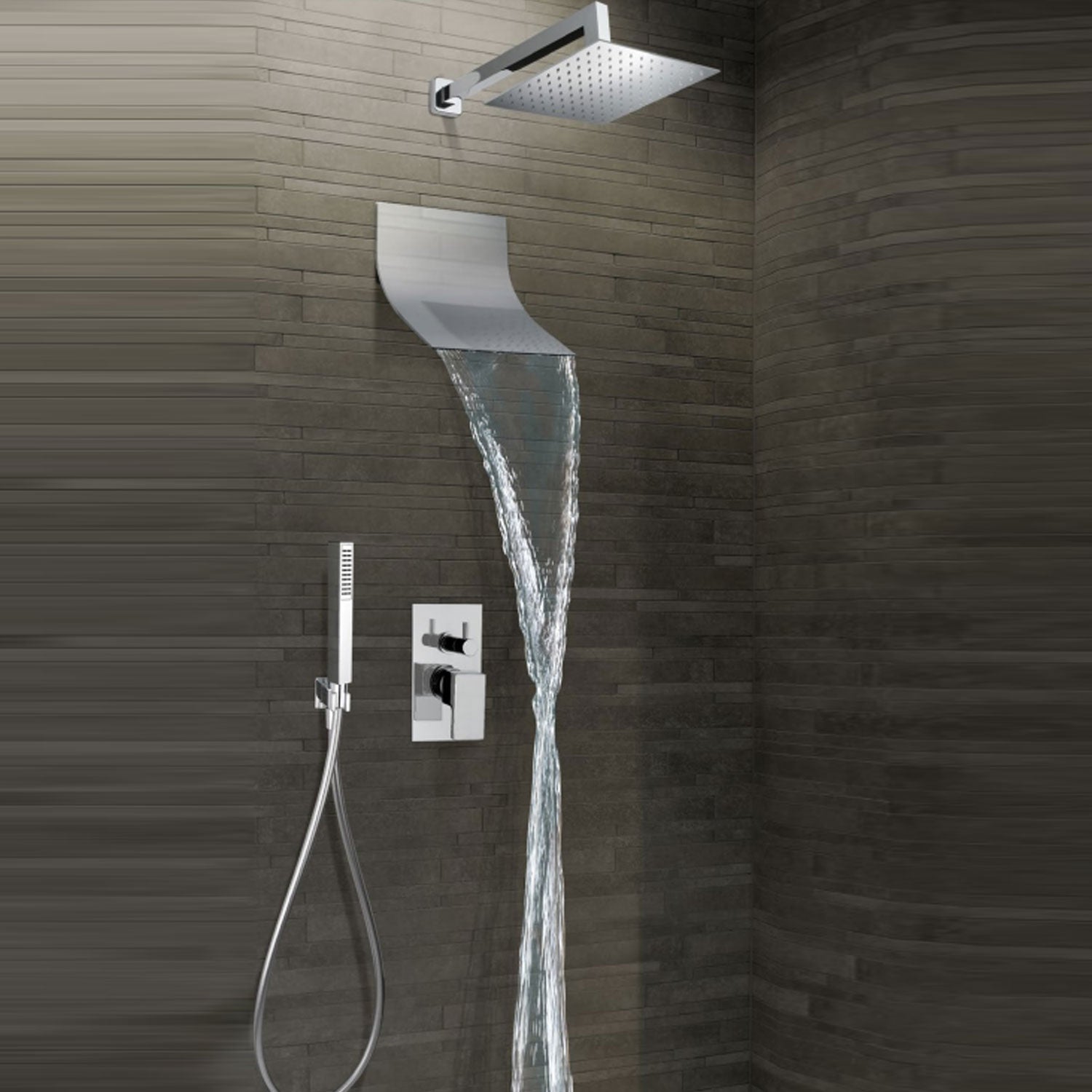 Kit doccia completo con soffione a pioggia e cascata in acciaio inox cromato Keller Taps by CeramicStore | Lo specialista del tuo bagno