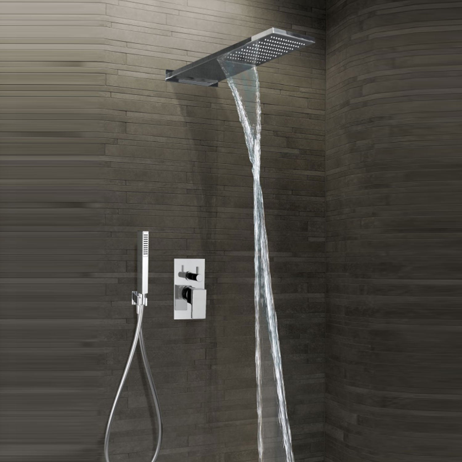 Kit doccia completo in acciaio inox cromato con soffione rettangolare pioggia e cascata Keller Taps by CeramicStore | Lo specialista del tuo bagno