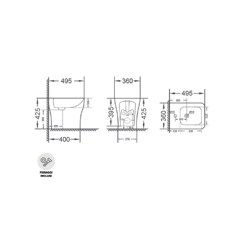 Bidet filomuro serie Tuono 49.5x36x42.5h cm - Bianco lucido in ceramica