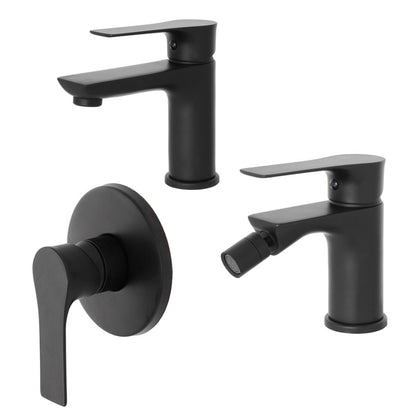 Kit miscelatore lavabo + bidet + doccia RubiFlux serie Silvia con scarico clic-clac - Nero Opaco
