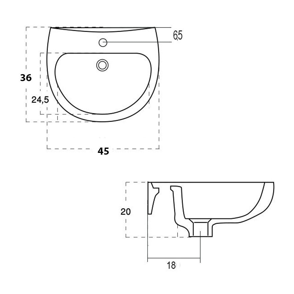 Lavabo sospeso modello Tris Gravena misure cm 45x36 in ceramica bianca lucida. Con foro troppopieno. by CeramicStore | Lo specialista del tuo bagno