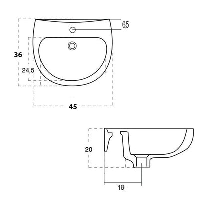 Lavabo sospeso modello Tris Gravena misure cm 45x36 in ceramica bianca lucida. Con foro troppopieno. by CeramicStore | Lo specialista del tuo bagno
