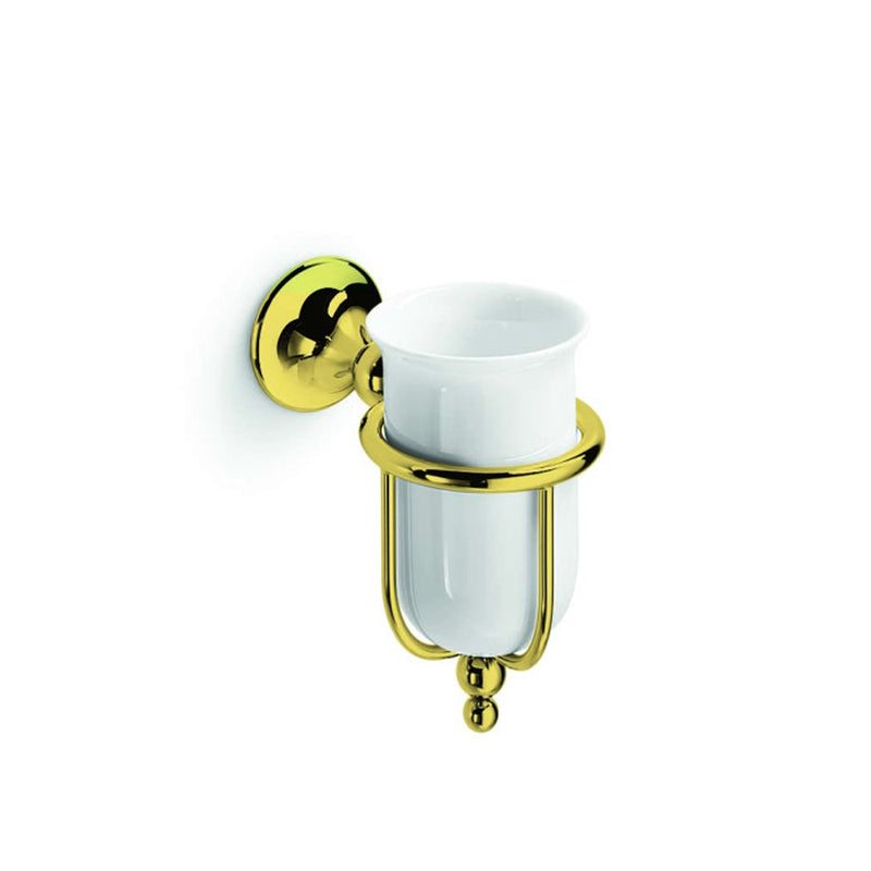 Portabicchiere in ottone con bicchiere in porcellana Venessia di Lineabeta oro