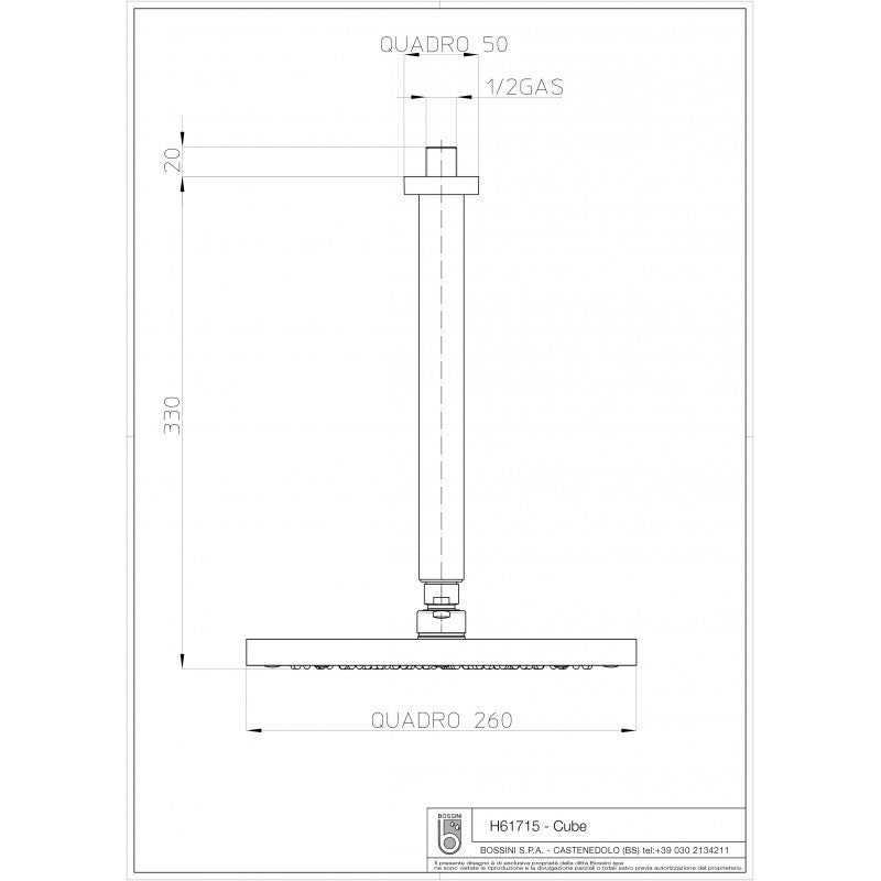 Bossini Soffione Cube 260x260 con braccio verticale H61715 by CeramicStore | Lo specialista del tuo bagno