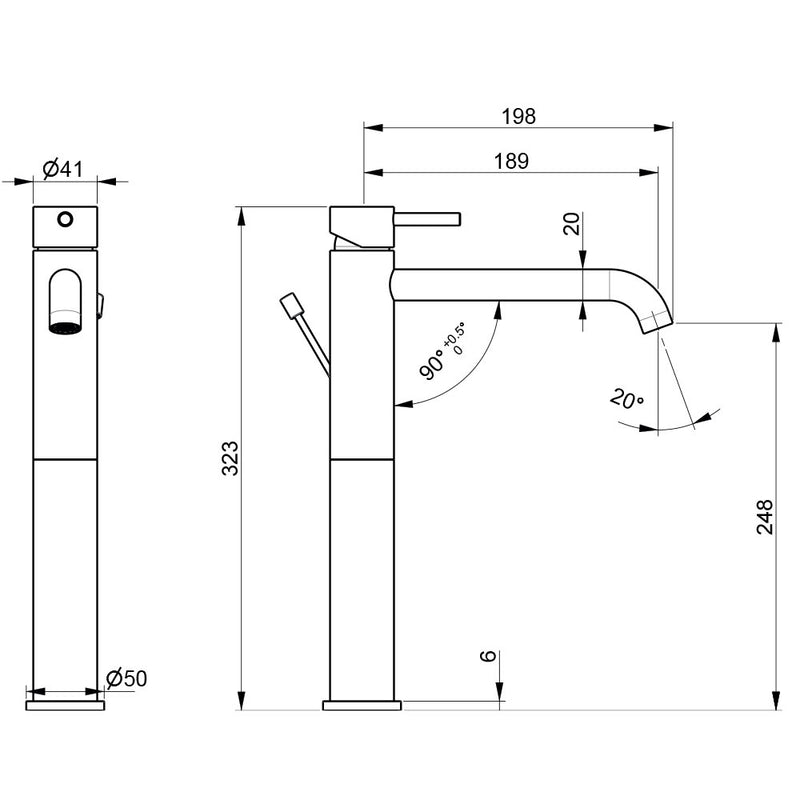 Miscelatore monocomando per lavabo Alto da bagno in acciaio Inox Satinato con scarico collezione Nilo di Tubico