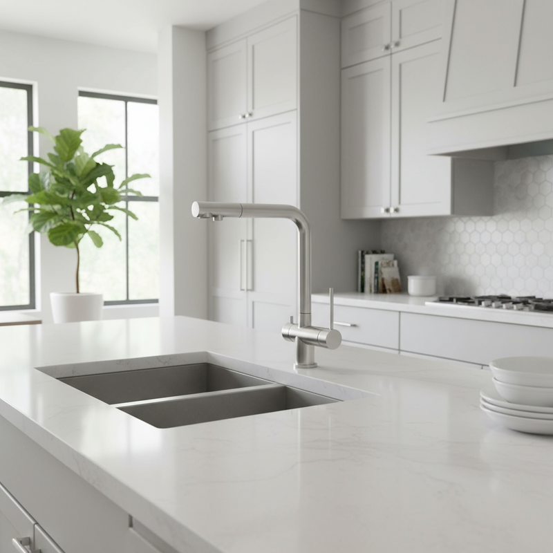 Miscelatore lavello cucina a tre vie con canna dritta in acciaio inox satinato collegabile ad impianti di filtrazione o depurazione