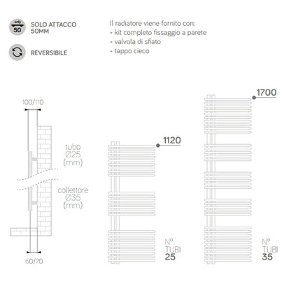 Termoarredo a bandiera 1700x500 mm interasse 50 mm modello Bari finitura Antracite by CeramicStore | Lo specialista del tuo bagno