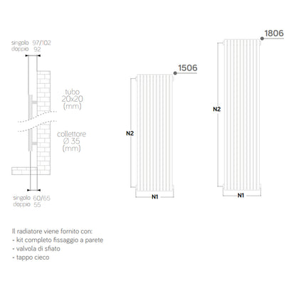 Termoarredo singolo Lazzarini 1806x680 mm interasse 680/1770 mm modello Grosseto V finitura Bianco by CeramicStore | Lo specialista del tuo bagno