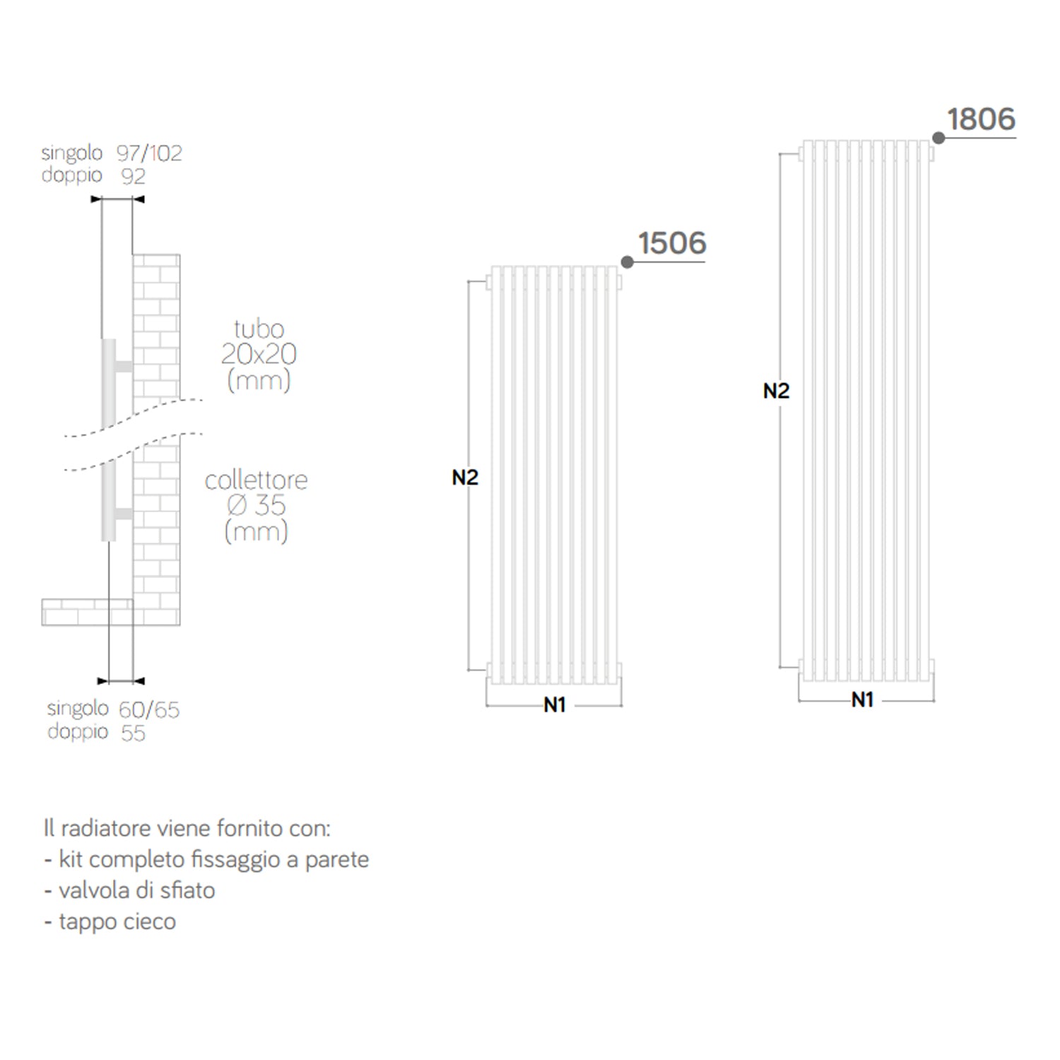 Termoarredo singolo Lazzarini 1806x392 mm interasse 392/1770 mm modello Grosseto V finitura Bianco by CeramicStore | Lo specialista del tuo bagno