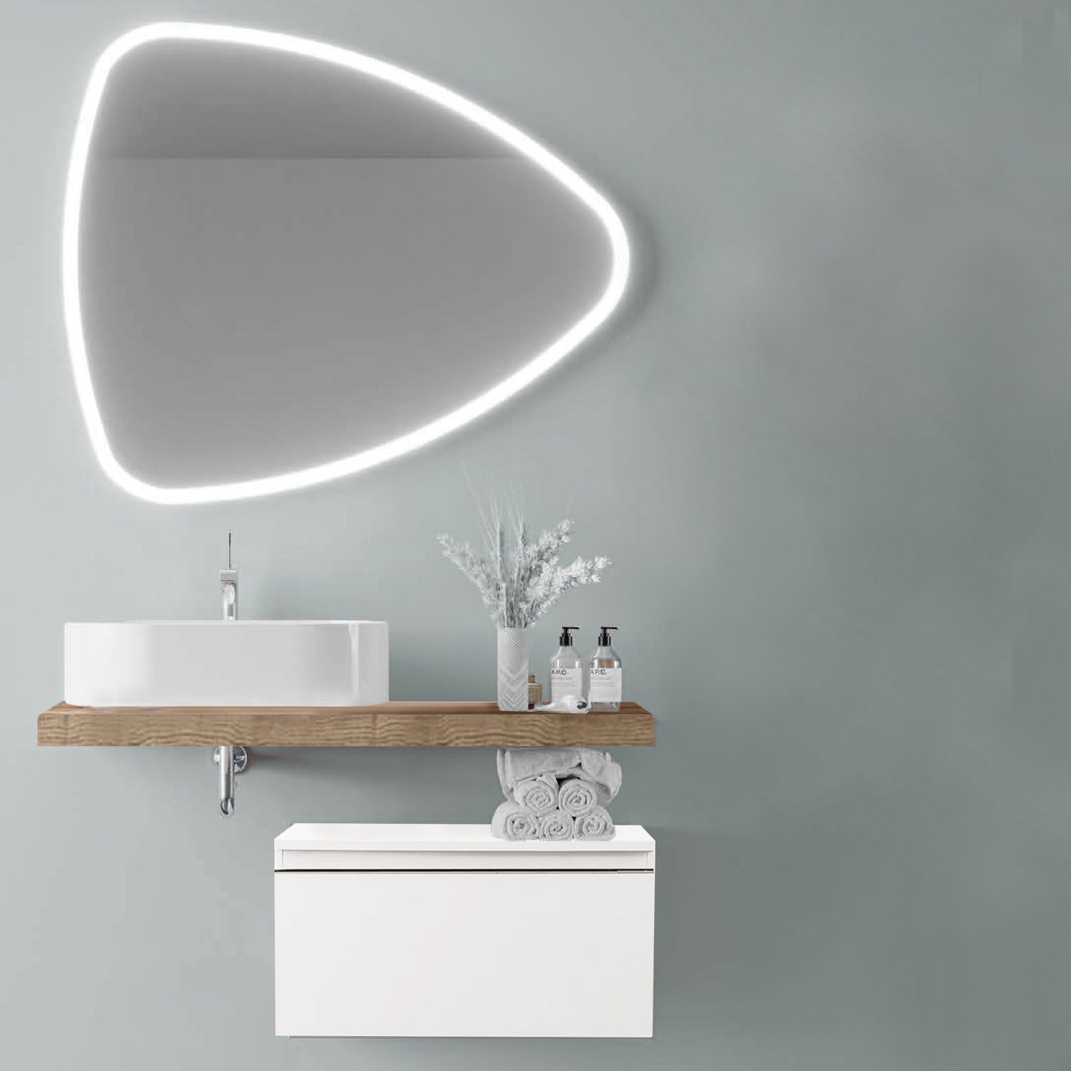 Composizione Bagno 100 cm Rovere Naturale con Lavabo d€™Appoggio e Specchio LED - Cassetto Bianco Lucido Cubi&Co Destiny 3 by CeramicStore | Lo specialista del tuo bagno