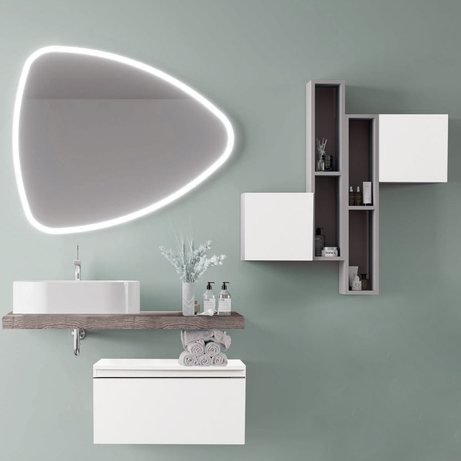 Composizione Bagno 100 cm Rovere fossile con Lavabo d€™Appoggio e Specchio LED - Cassetto Bianco Lucido Cubi&Co Destiny 3 by CeramicStore | Lo specialista del tuo bagno