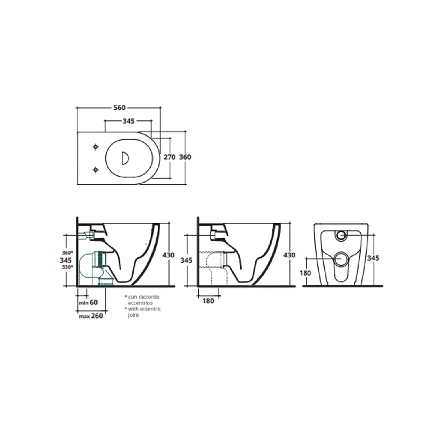 WC filomuro con scarico traslato Althea modello Cover Rimless 56x36 cm Sedile SoftClose