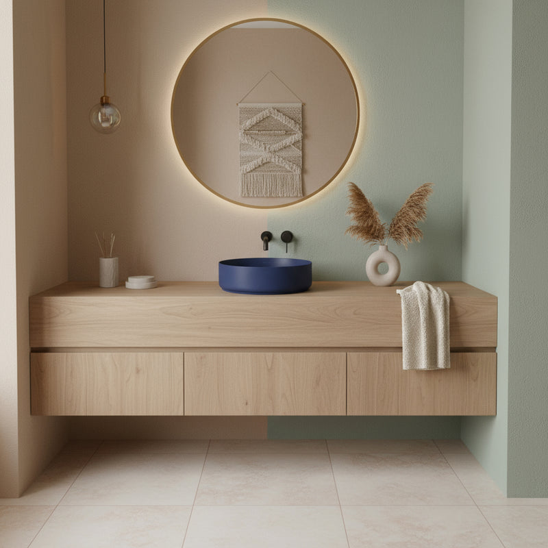 Lavabo d'appoggio tondo senza foro BathCore serie Infinity 36 cm color Blu Opaco