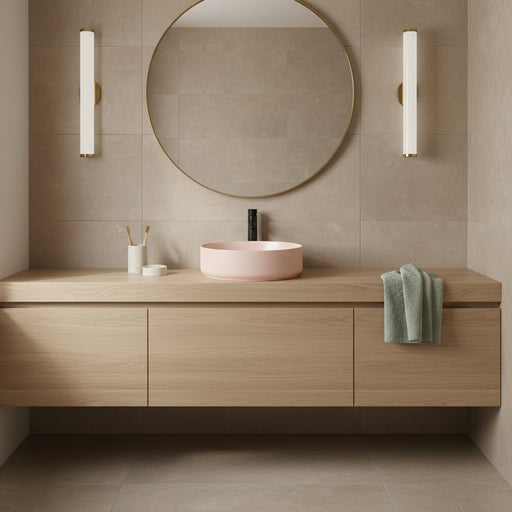 Lavabo d'appoggio tondo senza foro BathCore serie Infinity 36 cm color Salmone Opaco