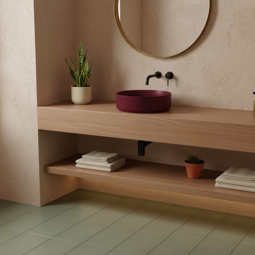 Lavabo d'appoggio tondo senza foro BathCore serie Infinity 36 cm color Bordeaux Opaco