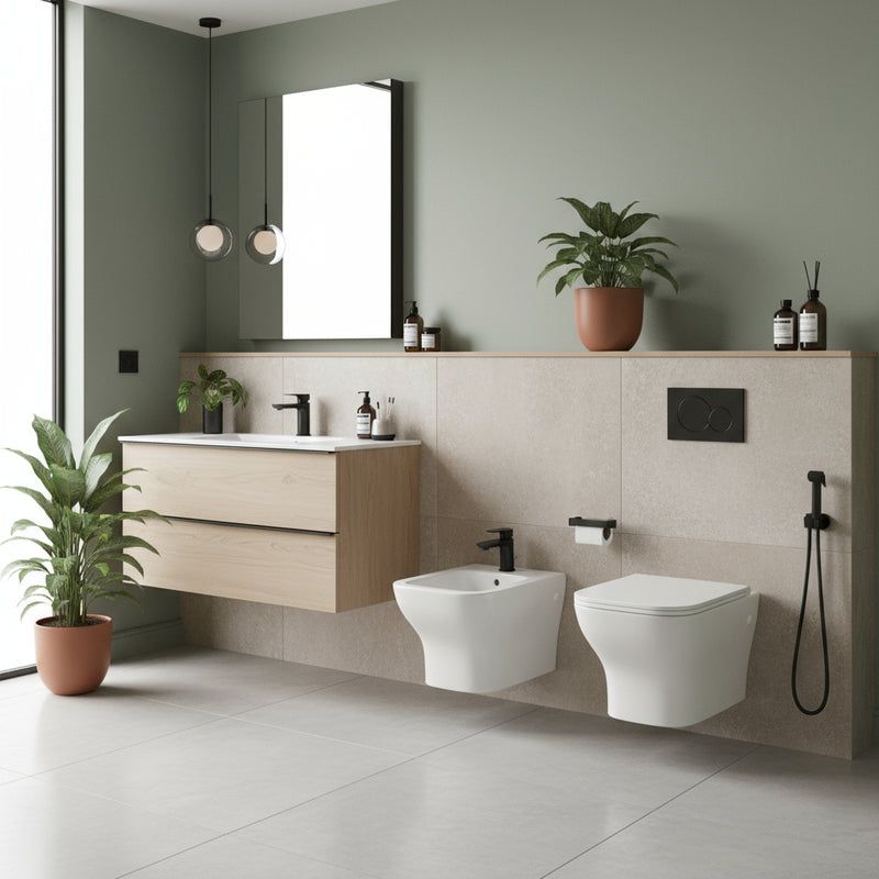 Coppia di sanitari sospesi WC bidet e coprivaso modello Reverse di Althea cm 50x36