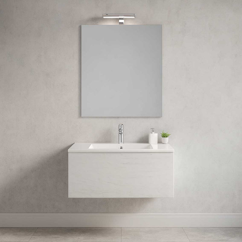 Mobile bagno sospeso Only in nobilitato con 1 cassetto top in ceramica e specchio filo lucido. Colore Olmo bianco