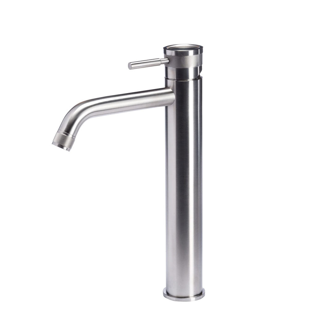 Rubinetto miscelatore Lavabo Alto in acciaio inox 316L Finitura Spazzolata senza scarico e bocca di erogazione con anticalcare