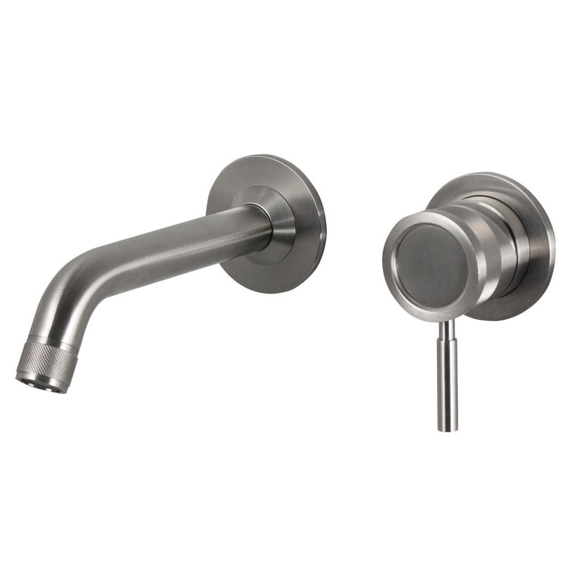 Rubinetto miscelatore Lavabo a parete con bocca da 21 cm in acciaio inox 316L Finitura Spazzolata senza scarico e bocca di erogazione con anticalcare
