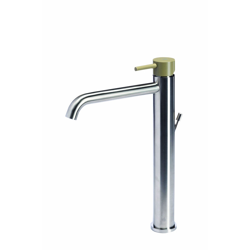 Rubinetto miscelatore Lavabo Alto con scarico  in acciaio inox Finitura Spazzolata con Maniglia colore Ulivo Tubico Colorado