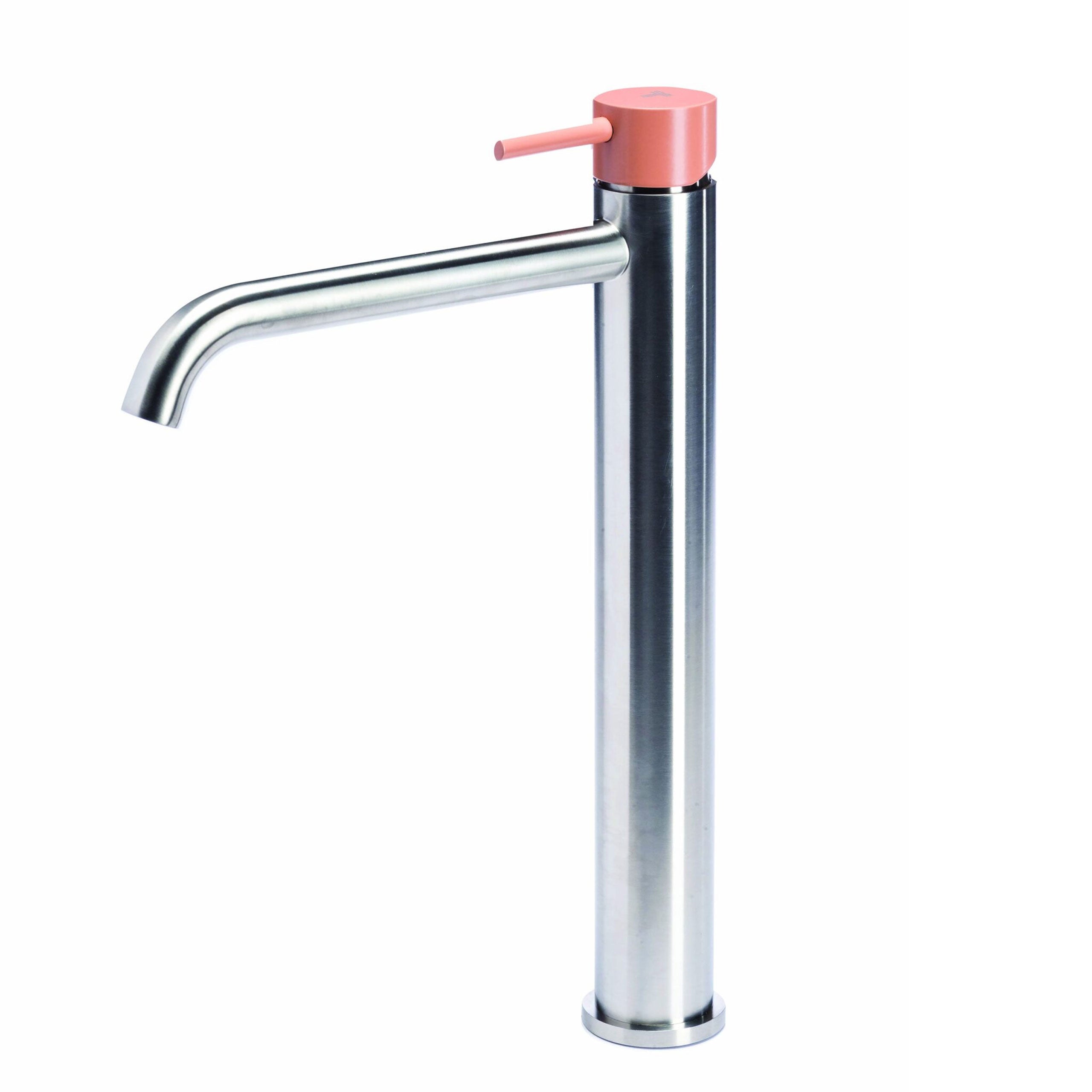 Rubinetto miscelatore Lavabo Alto senza scarico  in acciaio inox Finitura Spazzolata con Maniglia colore Cipria Tubico Colorado