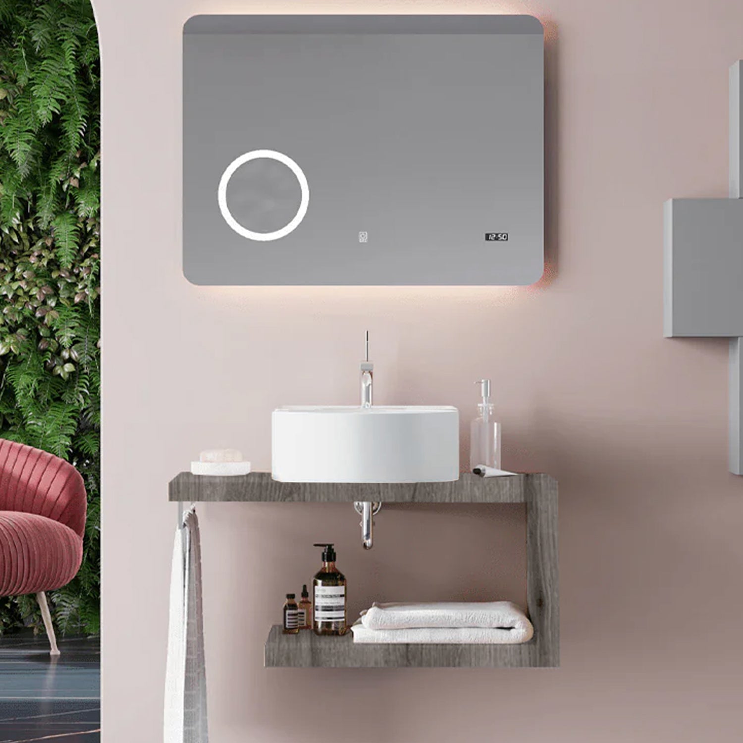 Mobile bagno a giorno con lavabo d'appoggio in ceramica e specchio touch cm 80 rovere fossile- Cubi&Co modello Destiny 1 by CeramicStore | Lo specialista del tuo bagno