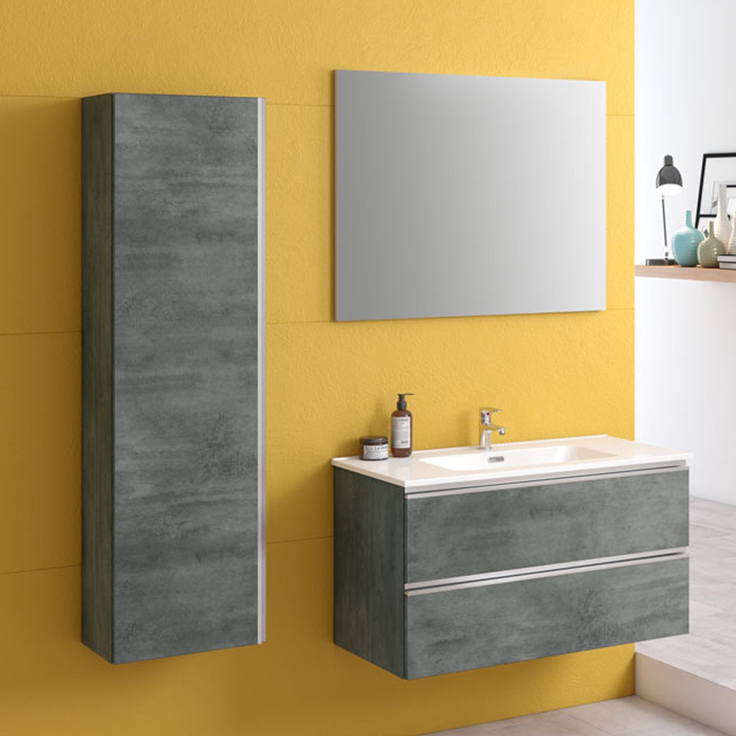 Composizione bagno sospesa con lavabo colonna e specchio modello York05 130 cm Cemento by CeramicStore | Lo specialista del tuo bagno