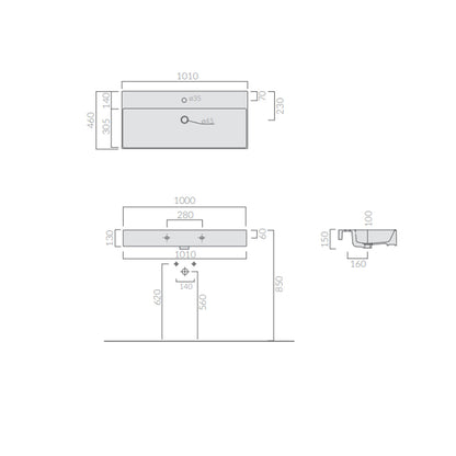 Lavabo da appoggio/sospeso 101x46cm serie Meg11 Pro di Ceramica Galassia -  Bianco lucido