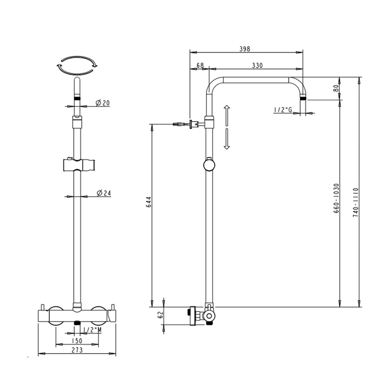 Colonna doccia oro orientabile con soffione Lord, deviatore e attacco 3/4"F