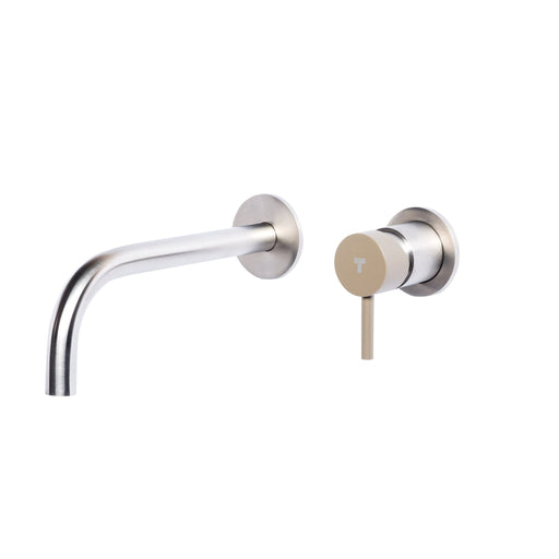 Rubinetto miscelatore Lavabo a Parete con canna di erogazione da 20 cm in acciaio inox Finitura Spazzolata con Maniglia colore Deserto Tubico Colorado by CeramicStore | Lo specialista del tuo bagno