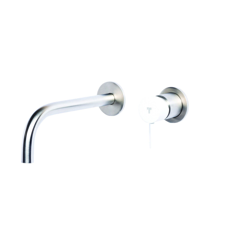 Rubinetto miscelatore Lavabo a Parete con canna di erogazione da 20 cm in acciaio inox Finitura Spazzolata con Maniglia colore Neve Tubico Colorado