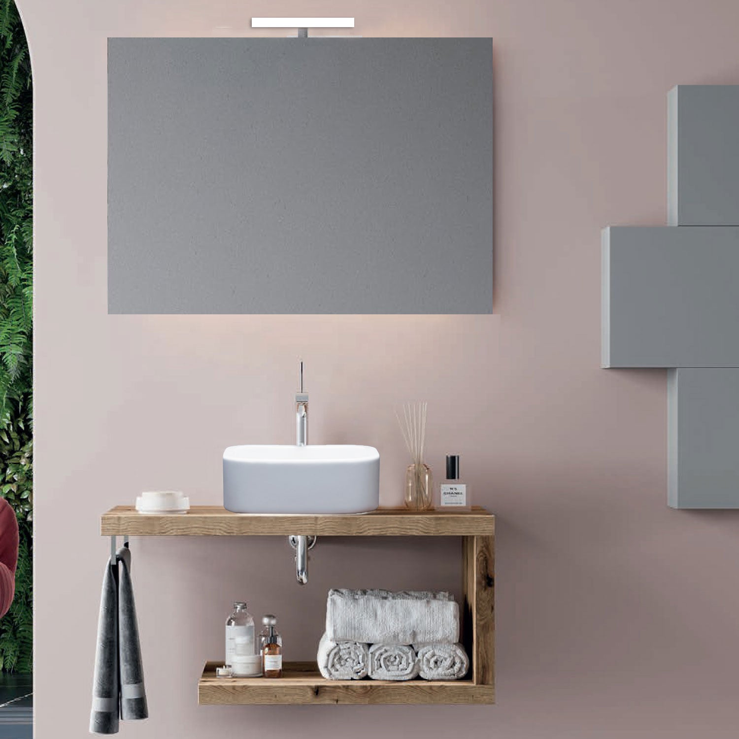 Mobile bagno a giorno con lavabo d'appoggio in ceramica cm 80 rovere naturale- Cubi&Co modello Destiny con specchio e lampada by CeramicStore | Lo specialista del tuo bagno