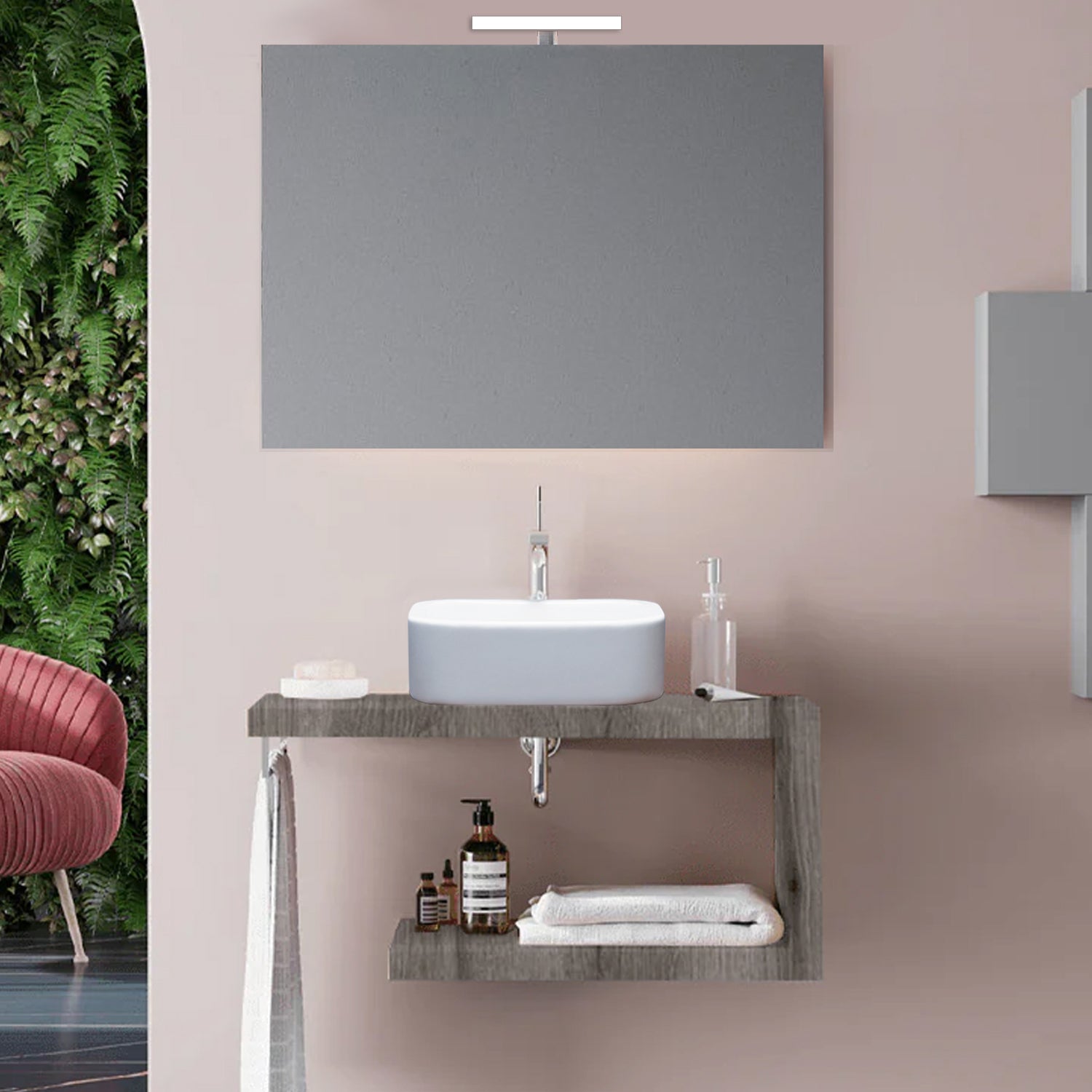 Mobile bagno a giorno con lavabo in ceramica cm 80 rovere fossile- Cubi&Co modello Destiny con specchio e lampada by CeramicStore | Lo specialista del tuo bagno