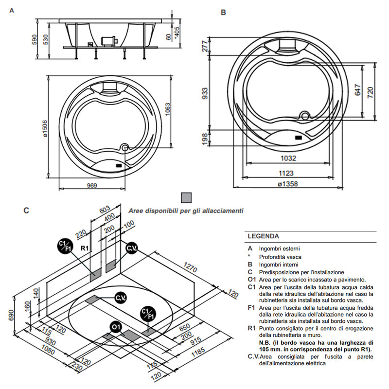 Vasca idromassaggio Lizzy tonda con rubinetteria e cascata da incasso diam. cm 150 by CeramicStore | Lo specialista del tuo bagno