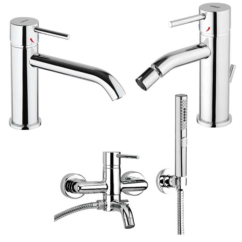 Set di Rubinetti Vasca con Set Doccia, Lavabo canna Lunga e Bidet con scarico in ottone Cromo collezione Pico di Mamoli Rubinetterie by CeramicStore | Lo specialista del tuo bagno