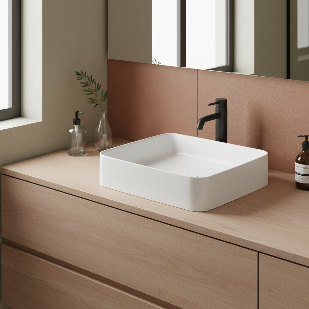 Lavabo da appoggio con piano rubinetteria serie Smart-B di Ceramica Galassia -  Bianco matt 45cm