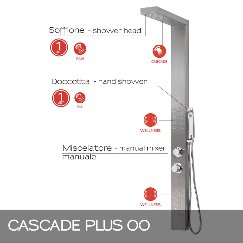 Pannello doccia multifunzione con cascata e miscelatore termostatico modello CASCADE PLUS 00 finitura inox - Spazzolato by CeramicStore | Lo specialista del tuo bagno