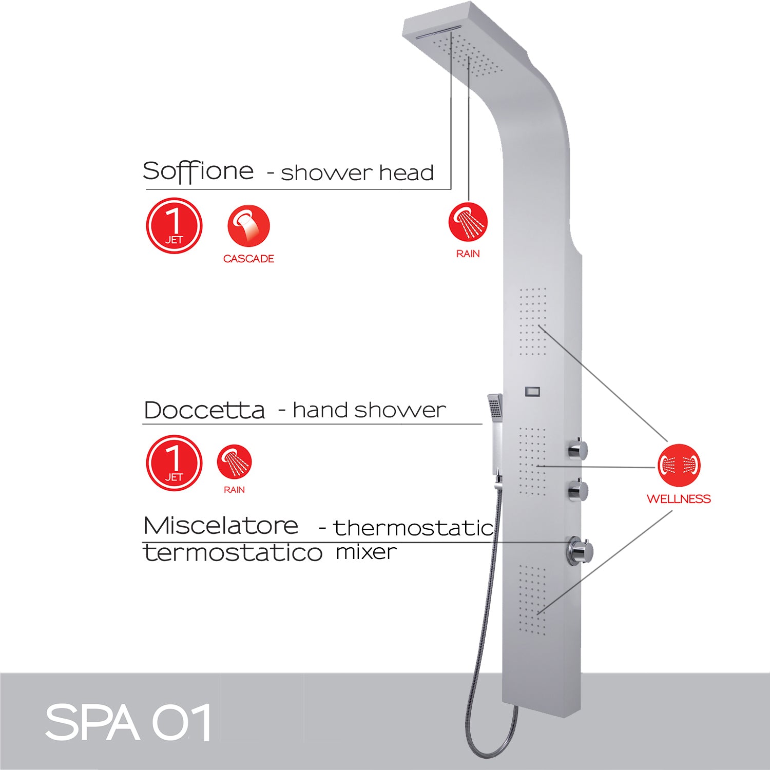 Pannello doccia multifunzione con miscelatore termostatico da cm 167 modello SPA 00 - Bianco by CeramicStore | Lo specialista del tuo bagno