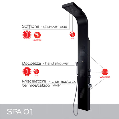 Pannello doccia multifunzione con miscelatore termostatico da cm 167 modello SPA 01 - Nero by CeramicStore | Lo specialista del tuo bagno