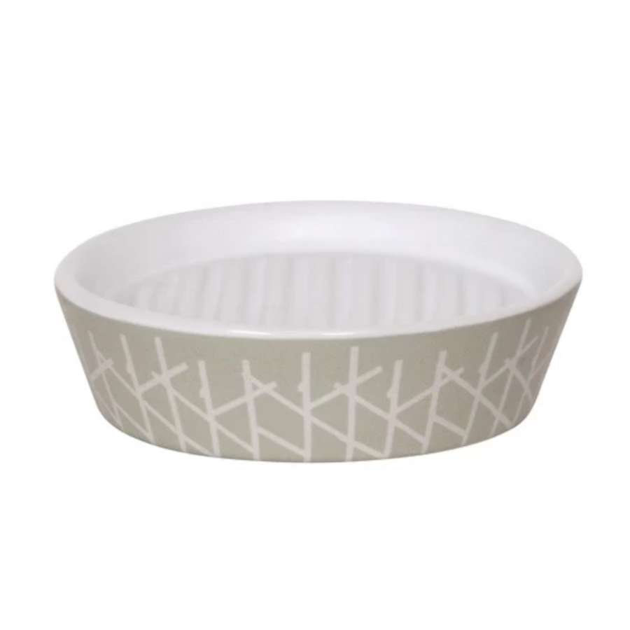 Porta Sapone in ceramica di colore taupe e bianco collezione ARBRE