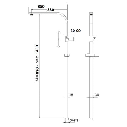 Colonna doccia rettangolare 30x18mm in ottone con supporto e attacco 3/4F by CeramicStore | Lo specialista del tuo bagno